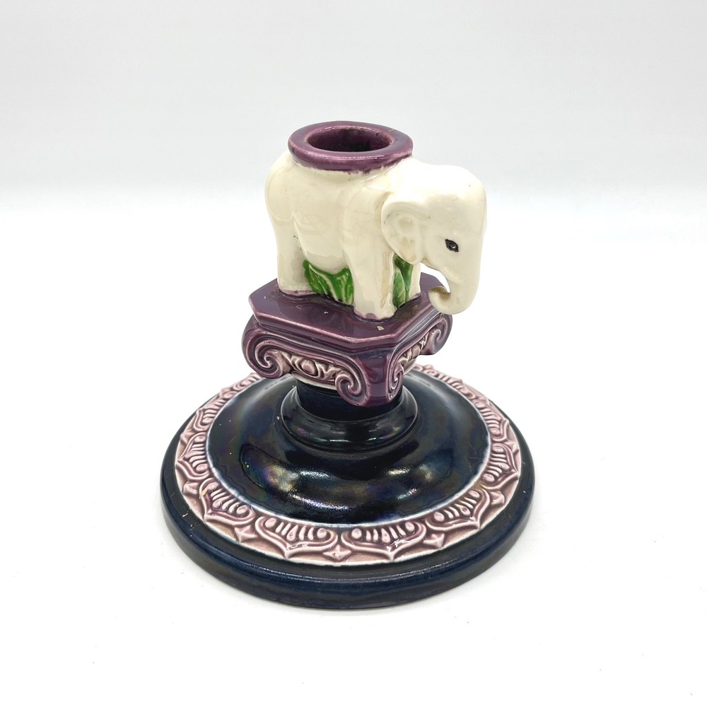 Vintage Czech Majolica Ceramic Figural Elephant Candlestick Holder Purple Base